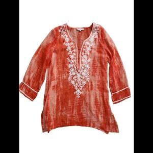 Blue Island Beach Cover Up Large Orange Boho Embroidered V Neck Long Sleeve...